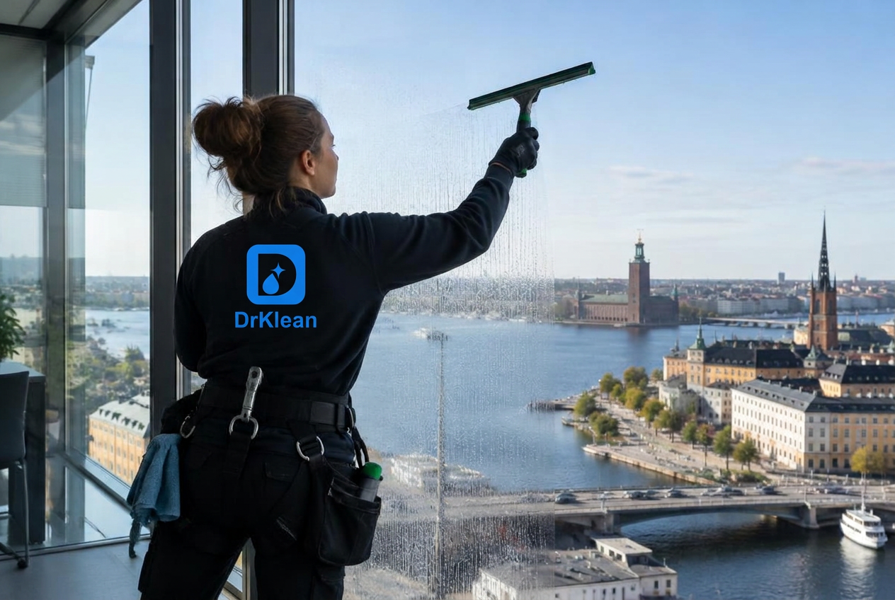 Fönsterputs på kontor med utsikt över Stockholm